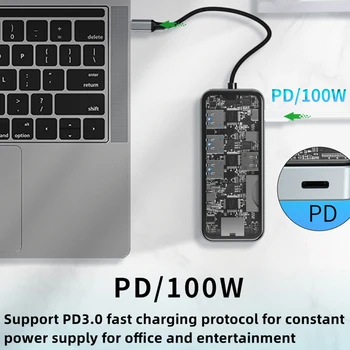 10-u-1 priključne stanice Hub HD + USBx4 + RJ45 + AUX + PD + SD /TF Razdjelnik Adapter Plug and play za Visoke Brzine za mobitel Laptop