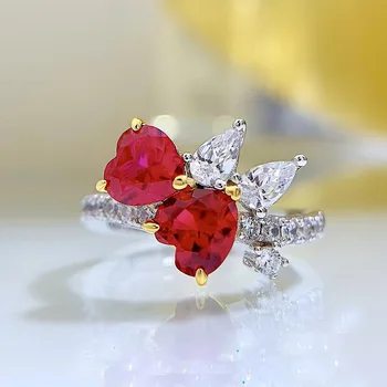 2022 Novo Srebro prsten S925 Love Pigeon Blood Red 6*6 u obliku srca s Raskošnim Jednostavan Luksuz i Individualnim Modnim Ins