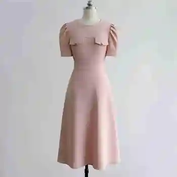 2023, Ljetno Nova Francuska Elegantan Ružičastoj Haljini s okruglog izreza i srednje dužine struka, Трапециевидное haljina kratkih rukava