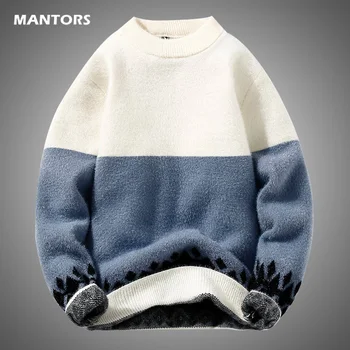 Casual muški pulover s okruglim ovratnikom 2023, Jesensko-zimske Pletene džemper, Gospodo Puloveri, Gusta topla Pletenina u patchwork stilu, gospodo Skakači