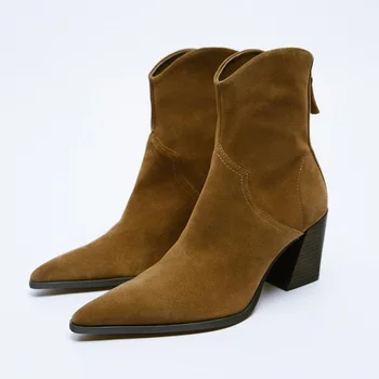 Crno-smeđe Ženske Kaubojske Čizme Chelsea na visoku petu cipele, Ženske Zimske Čizme 2023, Modni Elegantne Ženske Kratke Kožne zimske cipele