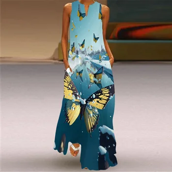 Donje proljeće-ljeto-duga haljina, plava plaža haljina bez rukava sa V-neck Za žene, elegantna večernja haljina Maxi s po cijeloj površini leptir