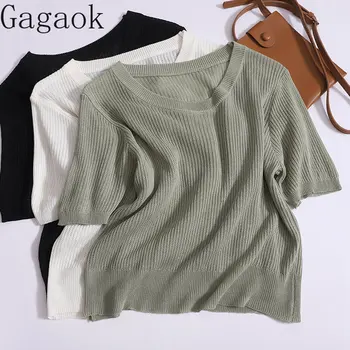 Gagaok, ljetni modni jednostavan univerzalni pulover kratkih rukava, однотонный casual dres, univerzalni majica s kratkim postavom, top
