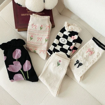 Japanski Slatka Kravata u stilu Харадзюку s Cvjetnim Uzorkom, Ženstveno Zaobljeni Čarape srednje dužine, Studentski Pamučne Čarape sa Volanima Kawaii