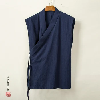 Kineska Tradicionalna odjeća Prsluk Hanfu Muški Lana Pamuk top bez rukava Muško odijelo Tang Kimono Muški Kardigan top s prorezom