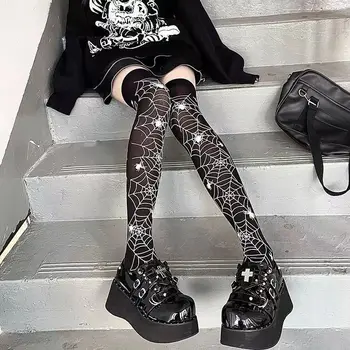 Klasične Čarape u stilu Лолиты, black, gothic, slatka, Do kukova, japanski, Za Djevojčice, u stilu Gothic punk, Retro, Paukova, Lubanja šišmiša, Duge Čarape