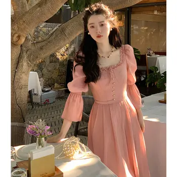 Korejski elegantan ružičastoj haljini, donje moderan haljinu Midi s trga ovratnik u Retro stilu, Сарафан slatka princeza trapeznog oblika, haljina sa volanima