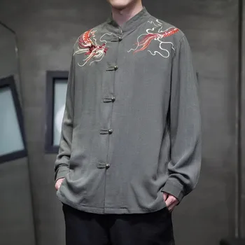Košulja s dugim rukavima i disk kopča u Kineskom Stilu, Muški Jesen Novi Lana Prozračni Odijelo Doba Tang, Bluza s vezom Zmaj Velike veličine