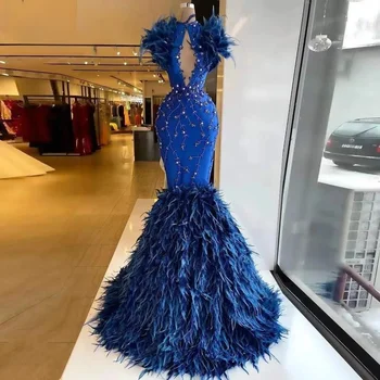 Kraljevski Plava Haljina za Prom, Расшитое Perle od perja Sirena Haljinu za prom u Saudijsku Arabiju, Dubai, Crne Večernje haljine za djevojčice, Večernji ogrtač