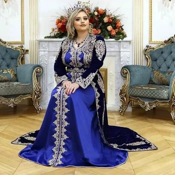 Kraljevski plava Marokanski Kaftan, Musliman, Večernje haljine Trapeznog oblika S Dugim rukavima, Baršun pack, Dubai Arapski, turski i Kaftan, Islamsko haljina