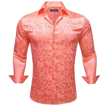 Luksuzni košulje za muškarce, svila, saten roza muške košulje sa dugim rukavima u cvijetu, svakodnevne majice s lapels, Prozračni vanjski odjeća Barry Wang