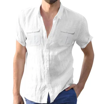 Muške casual čisto bijela gornja košulja s dvostrukim džep i kratkim rukavima, Elegantna košulja, odbačenost ovratnik i gumba, službena majica, Majica Za muškarce