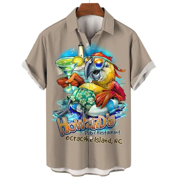 Muške ljetne majice s 3D ispis Papiga, muška košulja kratkih rukava, Havajski muške Majice s lapels, Plaža casual odjeća na zakopčane 5xl