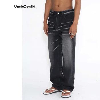 Muške Traperice s grafitima UncleDonJM, Y2k Hombre, Traperice-teretni, crne hlače u stilu hip-hop, 2023, Vanjska odjeća, muška hlače