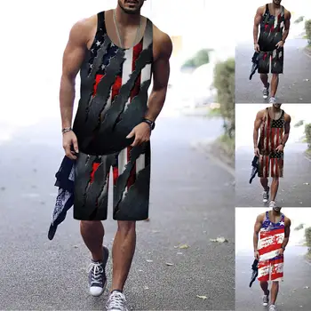 Muški Prsluk sa digitalnim 3D ispis i kratke hlače sa Zastavom Dana Neovisnosti, komplet od dva predmeta, odijelo za odmor i svestran