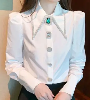 Novost jeseni 2023 Godine, izvezena perle Majice sa šljokicama i dijamantima, Bluze, Ženski Bijeli top s dugim rukavima u francuskom stilu