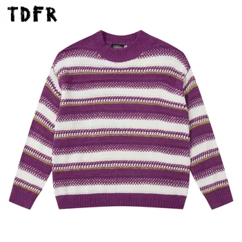 Pletene džemper u horizontalnu traku, Muški okrugli izrez, Jesen-zima, dan-to-dan Slobodan pulover dugih rukava, muški Tos