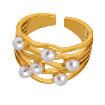 Prsten s imitacija bisera Za žene Zlatnu boju, od nehrđajućeg čelika, Valovi, Sjajna Otvaraju prstenje, Vjenčano prstenje, nakit Veleprodaja