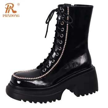 PRXDONG / Novost 2023 godine, Marke jesensko-zimske tople čizme od prave kože kravlja koža Za žene na visokoj masivnim potpetice i platforme, crne cipele u stilu punk