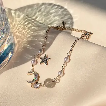 Set za izradu narukvica Zlatne boje u obliku Zvijezde i Mjesec Šarmantan Djevojka, Jednostavnih geometrijskih Trendi Ženski Popularni Elegantne Narukvice-lanac od legure, nakit