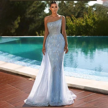 Sharon Rekao je Plava Sirena Luksuzno Večernja haljina u Dubaiju 2023, Ženska vjenčanje college, Шалфейно-zelena gornja suknja na jedno rame, haljine za maturalne SS211