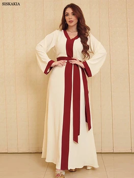 Siskakia, Arabic Maxi haljina iz Dubaija za žene, Moderan haljinu kontrastne boje u patchwork stilu, Bliski Istok, Slobodna Svakodnevni islamska odjeća Abaya s pojasom