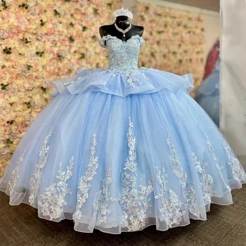 Sjajna Svijetlo Plavo Raskošnom haljina s otvorenim ramenima, Nabora, Aplikacija zrna, Vestidos De 15 Anos, Večernje Haljine