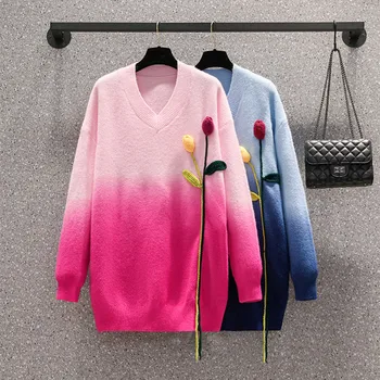 Slatka Surround cvjetni Gradient pulover, džemper, Ženske 2023, Jesensko-zimske Slobodne veste s dugim rukavima i V-izrez, Skakači, vrhovima