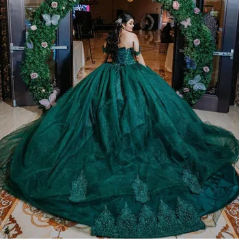 Smaragdno-zelena Sjajna aplicirano sa otvorenim ramenima, Lopta haljina, Bujna haljine, cvjetne čipke oblog zrna, Vestidos De 15 Años