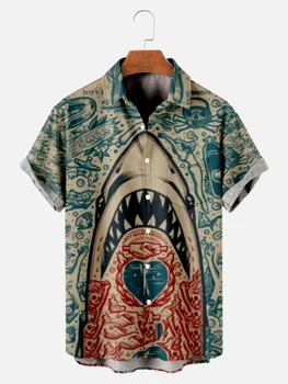 Svakodnevni Havajski Košulja Kratkih Rukava, Vintage Košulja Za Muškarce S Uzorkom Sharks, Harajuku Y2k, Funky Gotička Ulične Odjeće, Ugodna Odjeća