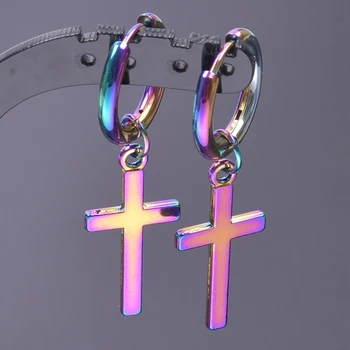 Trendi naušnice-ovjes s križem, okrugle obruče od nehrđajućeg čelika duginih boja, vjerske nakit, naušnice za piercing ušiju za žene, poklon za muškarce