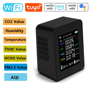 Tuya 7в1 Wifi Mjerač kvalitete zraka PM2.5 CO2 TVOC HCHO AQI Tester Temperature, Vlažnosti TFT Zaslon Podrška detektor ugljičnog dioksida