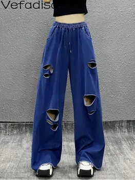 Vefadisa, Svakodnevne hlače slobodnog rezanja s rupom i visoka struka, Ženski Ljeto nove Plave Duge hlače 2023, ZXF273B