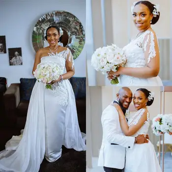 Vjenčanje haljine Sirena u Afričkom stilu s jednim Krakom, Odvojiv Kabel, Velike Dimenzije, cvjetne čipke oblog, Duge rukave za Mladence