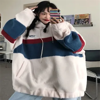 Vuna janje majica žene pliš debela jakna s kapuljačom jesen zima korejski modni random slobodan kontrast boja patchwork odijevanje