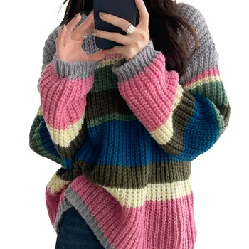 Ženski pletene džemper, jesensko-zimska odjeća, modni pulover kontrastne boje s dugim rukavima, dres, ženska odjeća, Vanjska odjeća